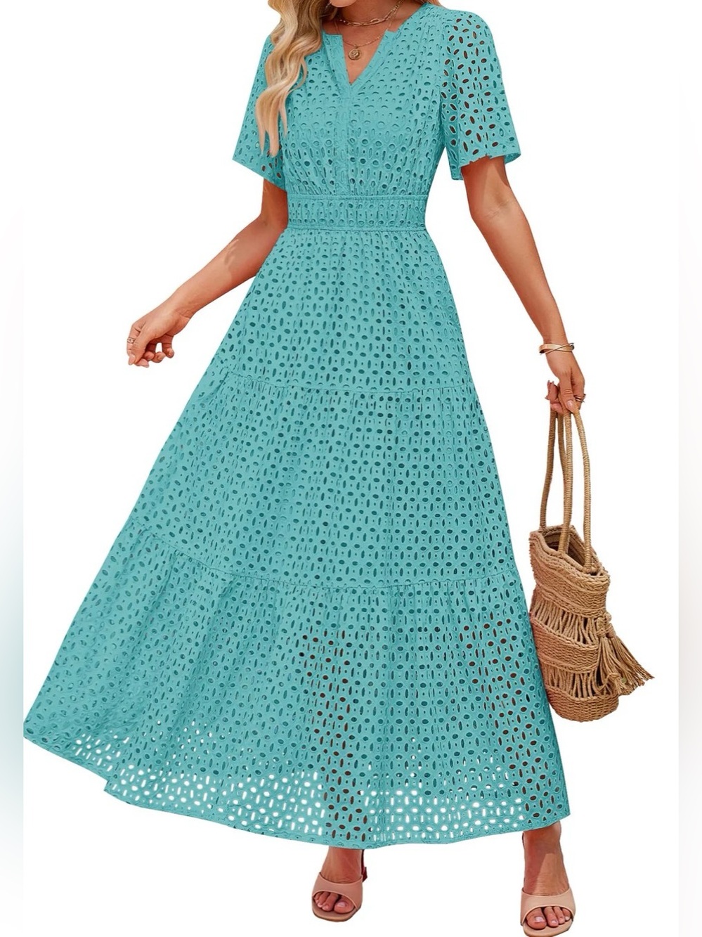 ZESICA Women's Summer Casual V Neck Eyelet A Line Maxi Dress, Size Medium